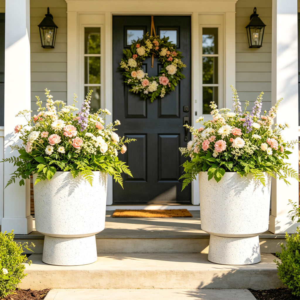 Autodaya 16.75" Urn-Style Planters Set of 2, White Terrazzo Pedestal