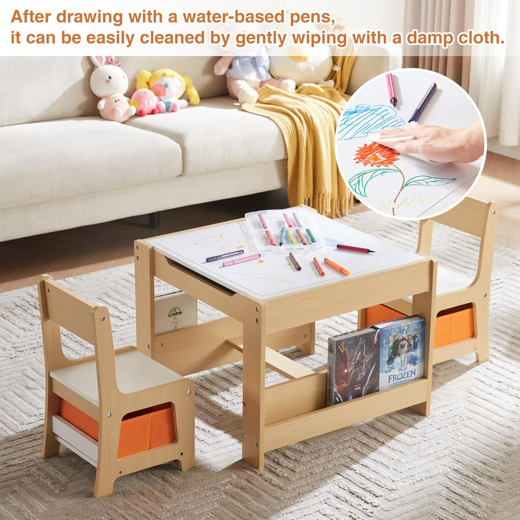 Kids Table and Chair Set, 4 in 1 Wooden Activity Table with Bookshelves and Storage Drawer, 2 in 1 Detachable