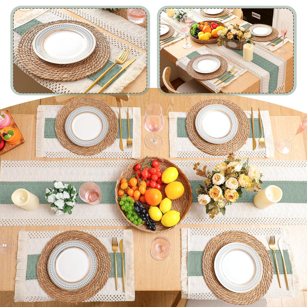 Boho Table Runner and Placemats Set, 6 Sets, Green, 12x72
