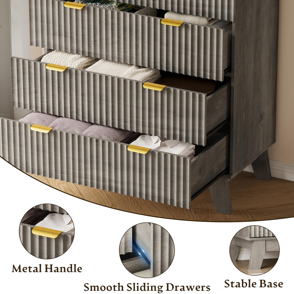 46" Tall, 6-Drawer Fluted Chest of Drawers, Modern Wood Highboy with Deep Storage, Metal Slides and Handles