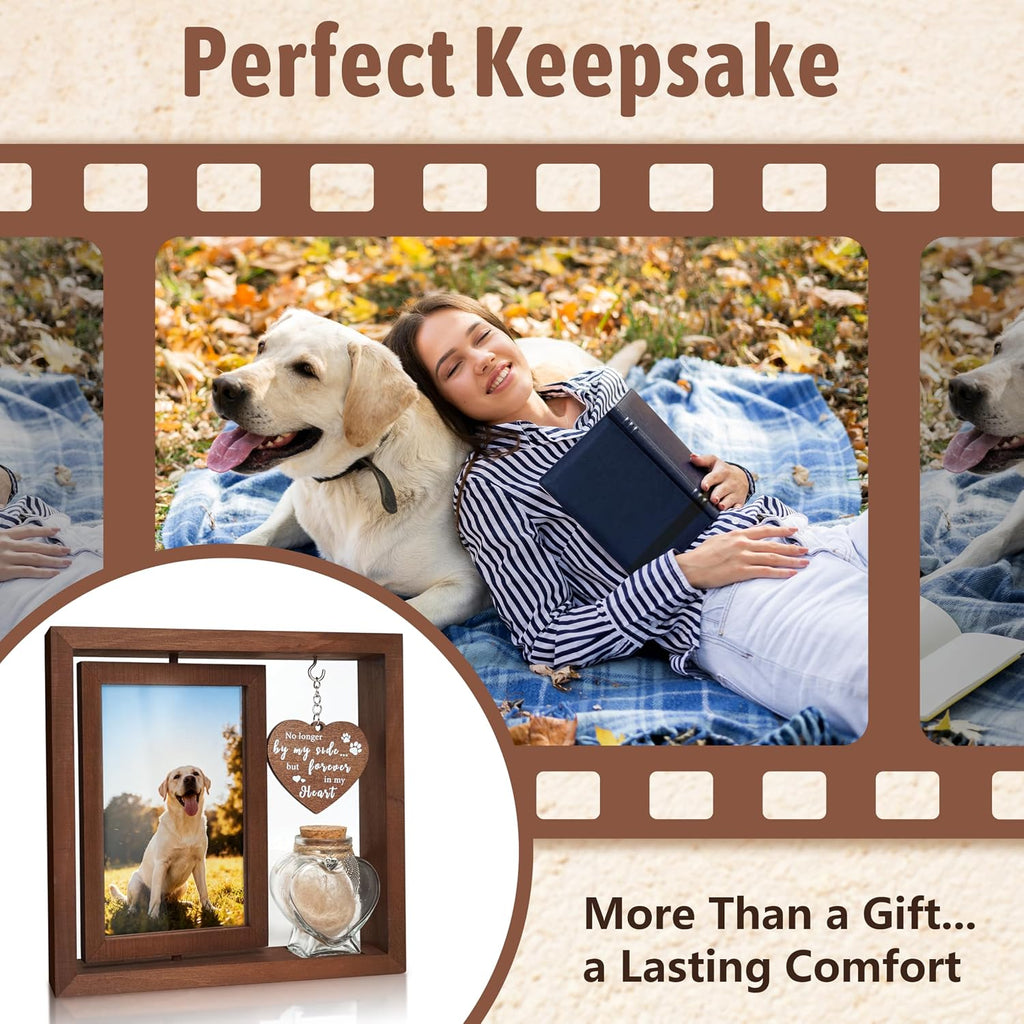 Dog Memorial Gifts for Loss of Pet - Rotating Wooden Frame for 4x6 Photo & Fur Hair Jar - Sympathy Gift for Pet