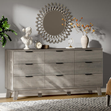 Fluted with 9 Drawers, 63" Wide Wood Chest of Drawers with Metal Handle, Wooden TV Stand, Modern Closet Clothes