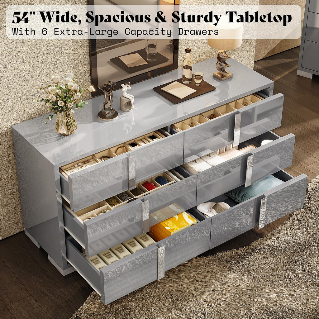 6 Drawer Dresser, Modern Storage Chest, High Gloss Finish, Grey
