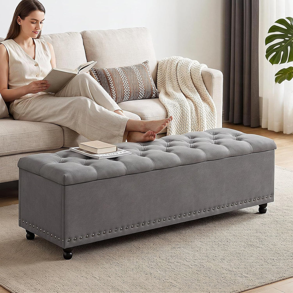 51" Storage Ottoman Bench with Wooden Legs and Soft-Close, Grey | Large End of Bed Bench with Button Tufting, Metal
