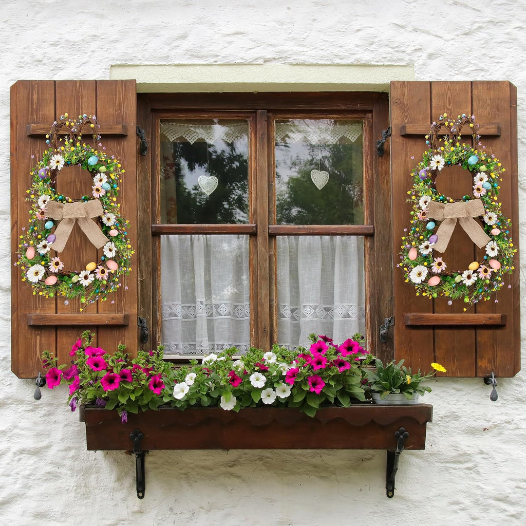 25 Inch Easter Bunny Shaped Artificial Flower Wreath with Colorful Berries Daisies Greenery Bow Knot for Front Door
