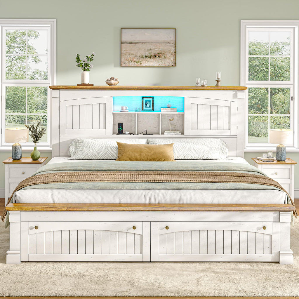 Farmhouse Bed Frame with Storage Headboard & Charging Station