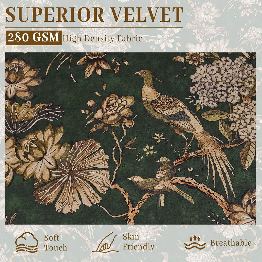 Green Printed Velvet Curtains,Retro Luxury Floral Peacock Pattern Super Soft Durable Fabric Room Darkening Privacy