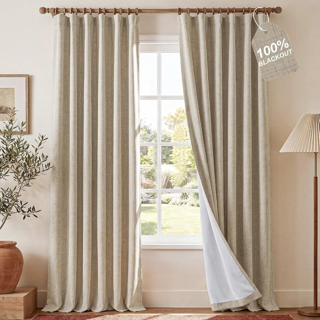 DIY Pinch Pleat Greige 100% Blackout Linen Curtains with Hook Belt, 3-in-1 Hanging Style Heavyweight White Liner