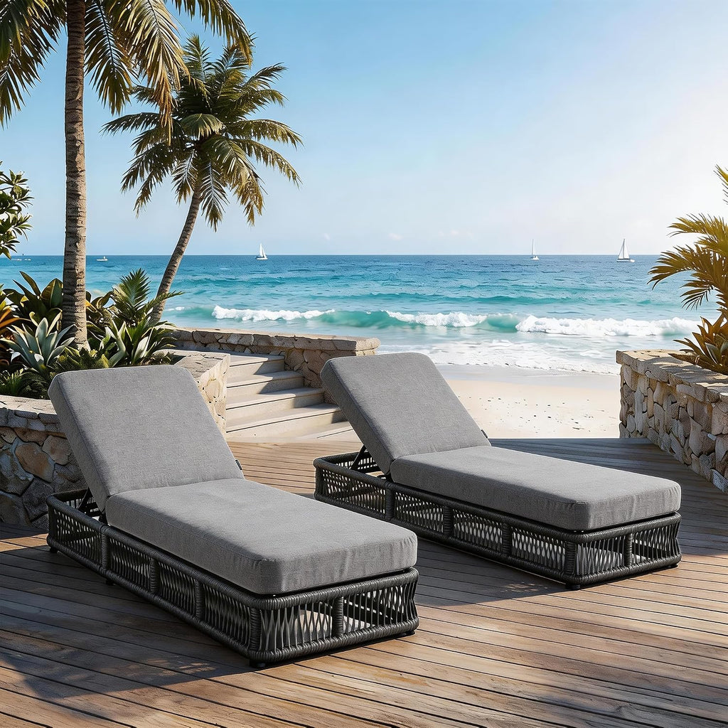 Outdoor Chaise Lounge Chair, 5-Position Adjustable Backrest, All-Weather Grey Woven Rope Recliner with 5 Inch Grey