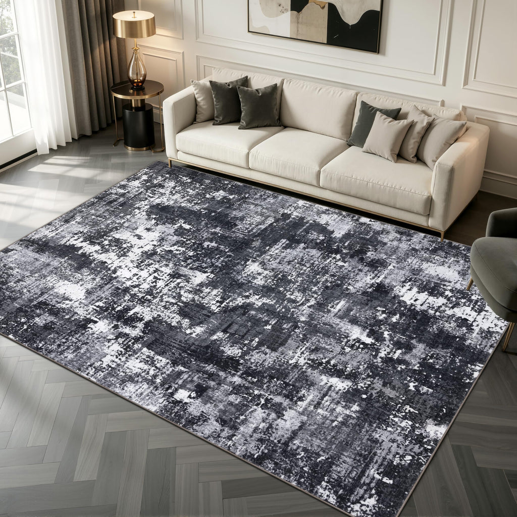 Washable Area Rug, Modern Abstract Large Carpet, Black & White