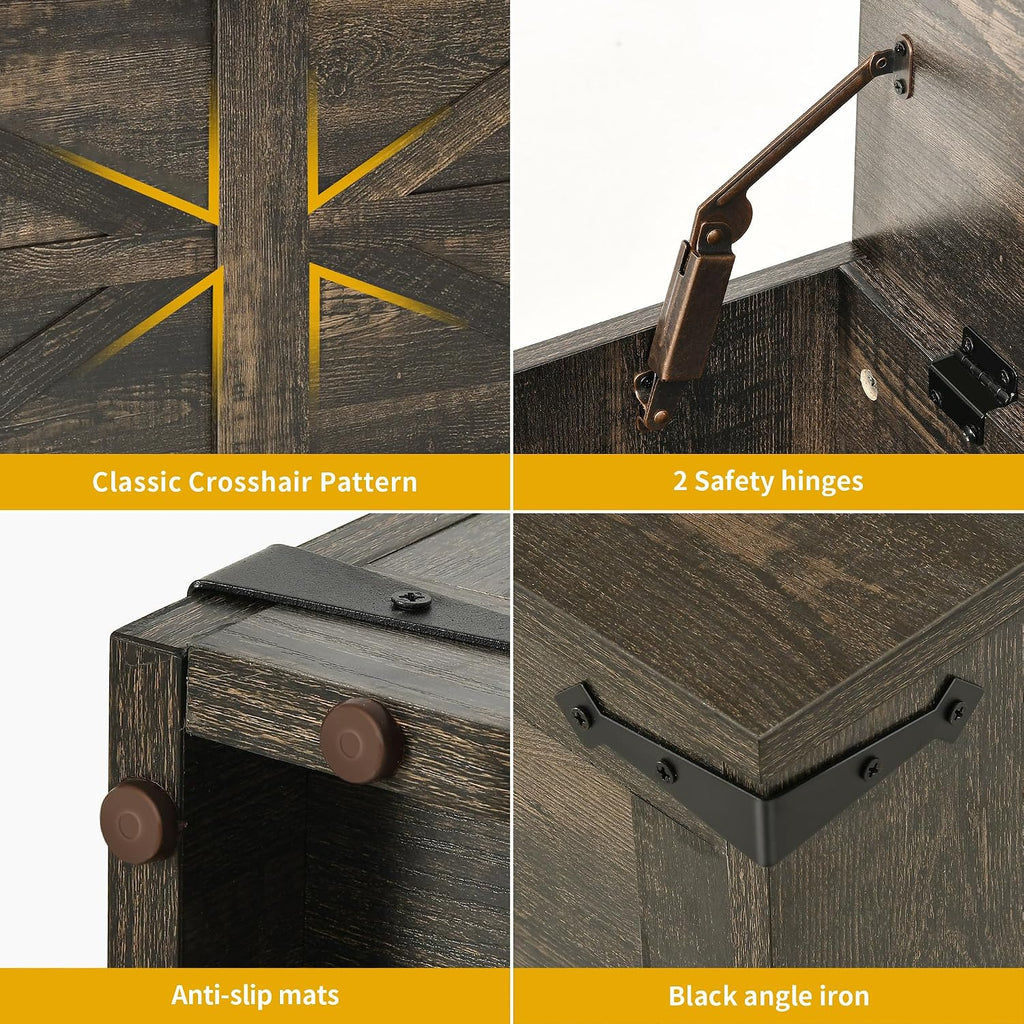 Wooden Storage Bench, Farmhouse Storage Chest with Safety Hinges, Entryway Shoe Organizer, Multi-Use Storage