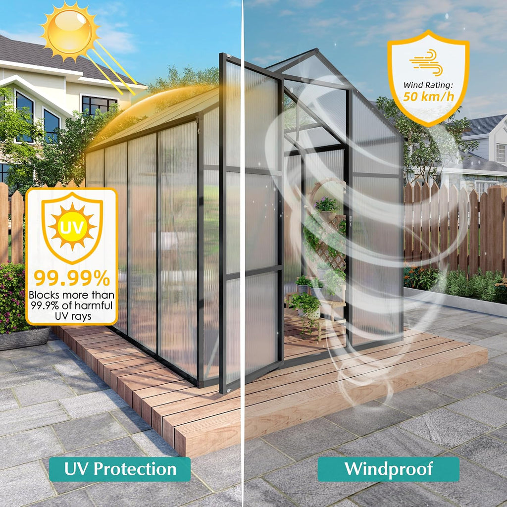 Walk-in Greenhouse 6x14FT, Aluminum Frame Polycarbonate Green House Kit, Heavy-Duty Plant Shelter with Vent Windows &
