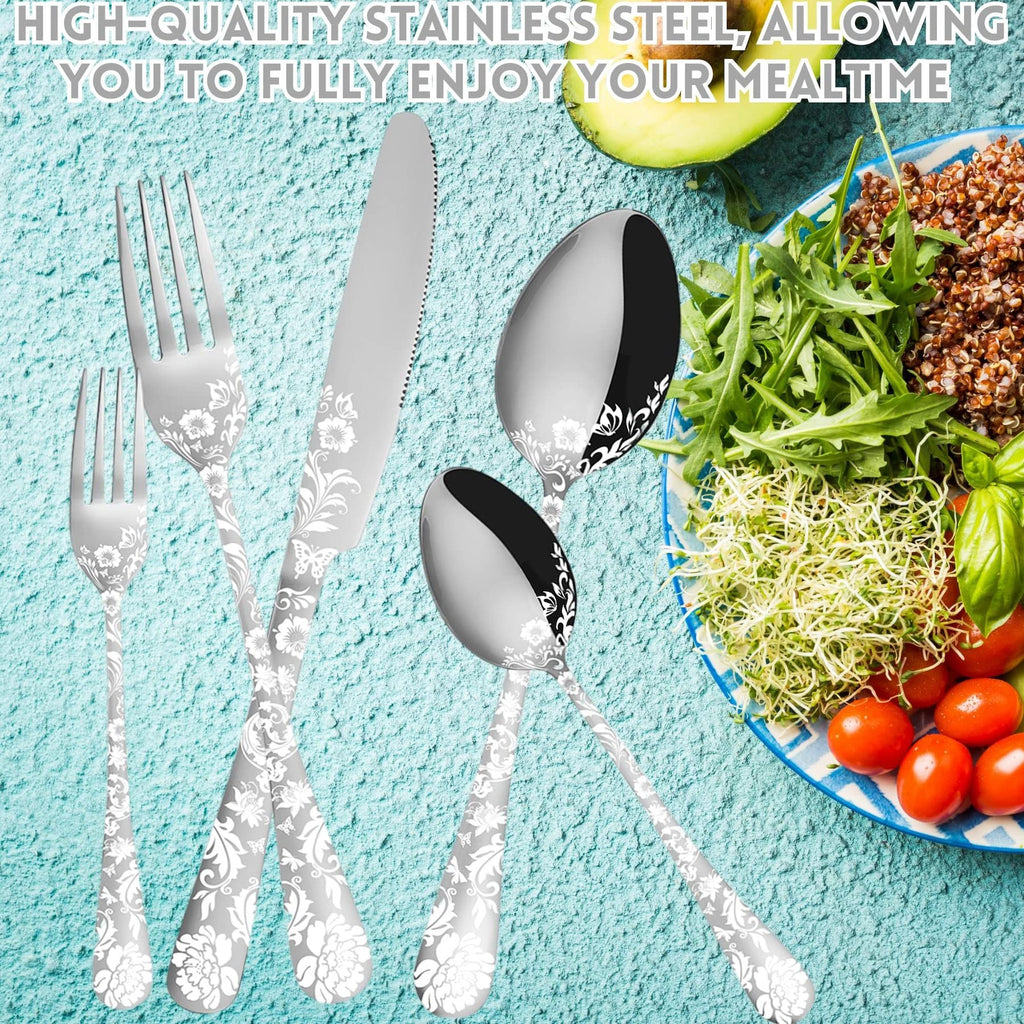 20 piece Peony Flower Pattern Design Silverware Set, Stainless Steel Flatware Set Service for 4, Silver Cutlery Set