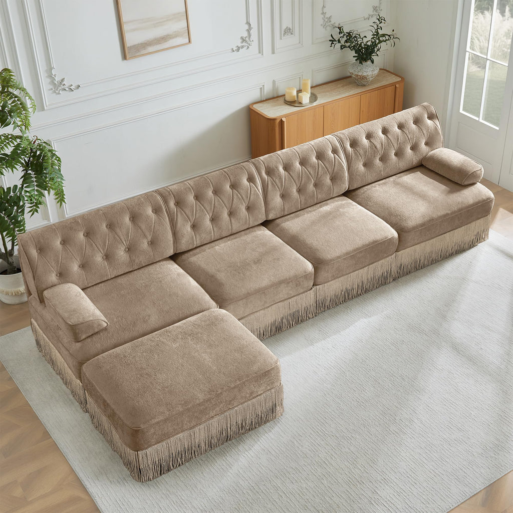 136" L-Shaped Velvet Chesterfield Style Modular Sectional Sofa, Oversized Button Tufted 4-Seater Couch with 1 Ottoman