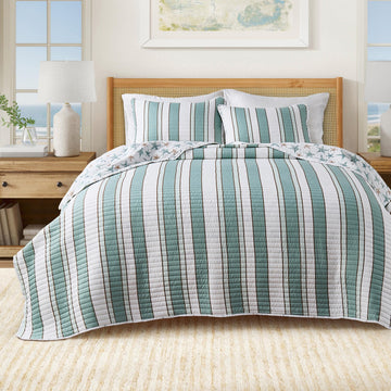 Coastal Quilt Set - 3-Piece Size Striped Bedding Set - Lightweight, All-Season, Reversible