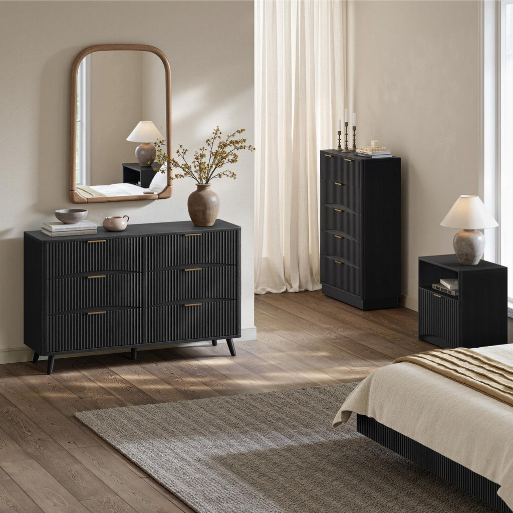 54 Inch Black 6 Drawer Dresser, Curved Fluted Chest of Drawers