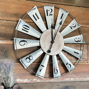 24 Inch Metal Windmill Clock Large Farmhouse Clocks Outdoor Indoor Decor Wall Hanging, Galvanized Silver