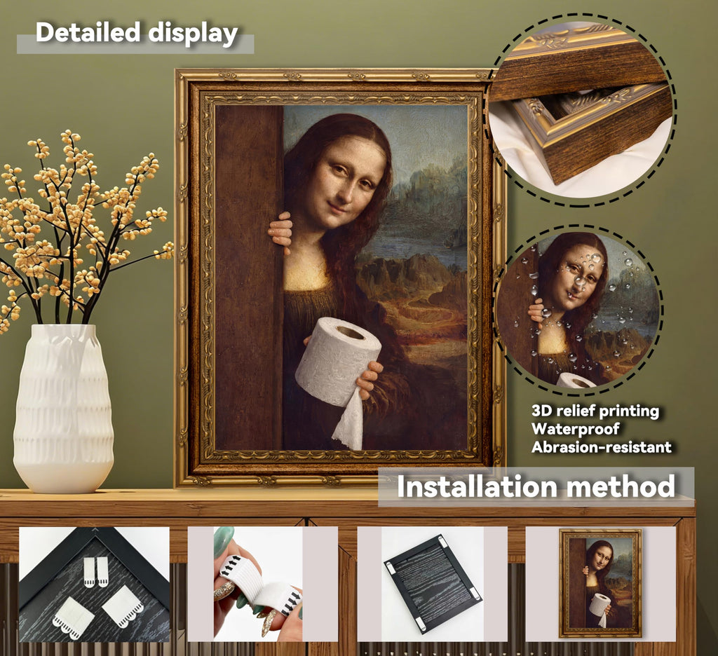 Funny Mona Lisa‐Inspired Lady Holding Toilet Paper Wall Art, Ornate Golden Framed Canvas Print, Humorous Whimsical