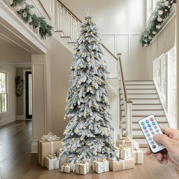Prelit Flocked Drooping Pencil Christmas Tree with Pine Cone