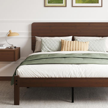 14in High Solid Bamboo Wood Platform Queen Bed Frame with Headboard, Reinforced Heavy Duty Metal Slats, Noise Free