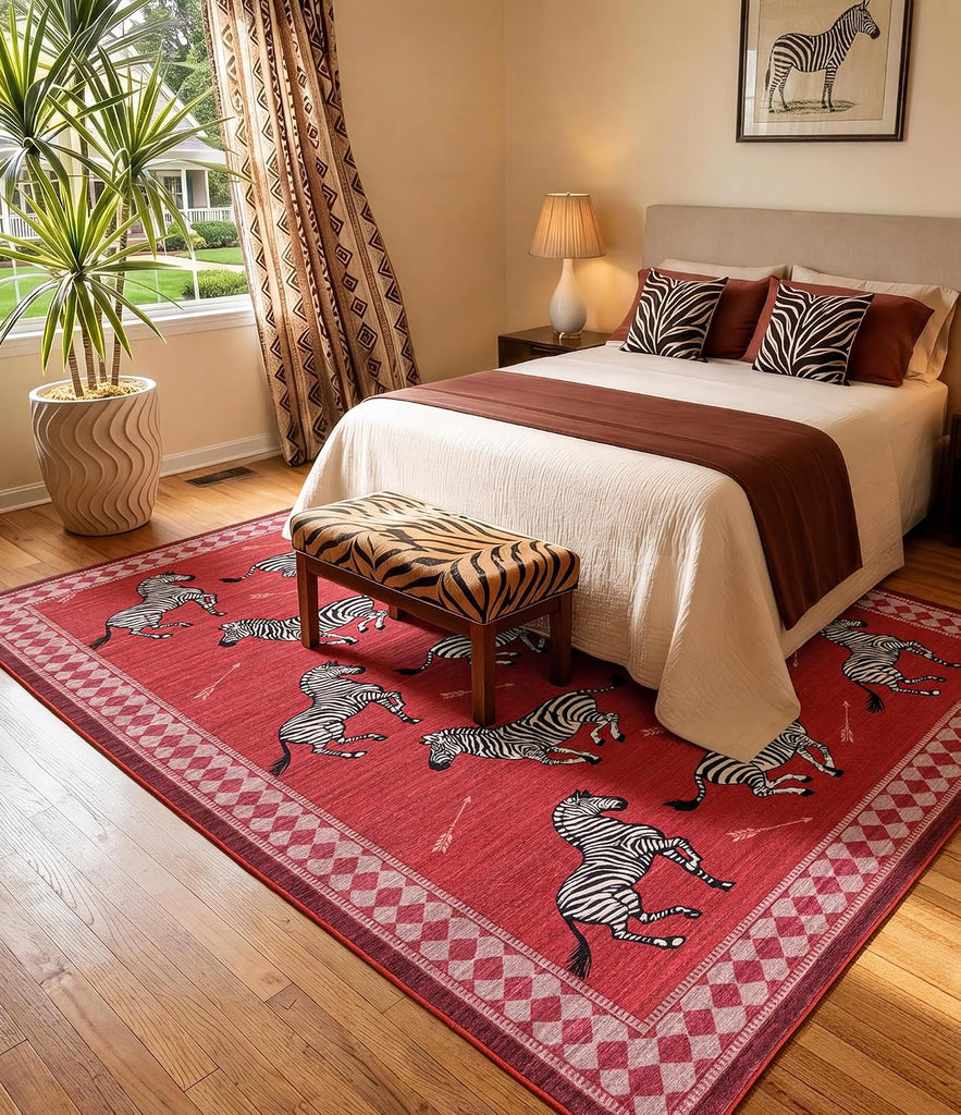 Red Zebra Area Rugs, Washable Animal Print Rug with Checkered Border, Non-Slip Low Pile Mid-Century Modern Carpet