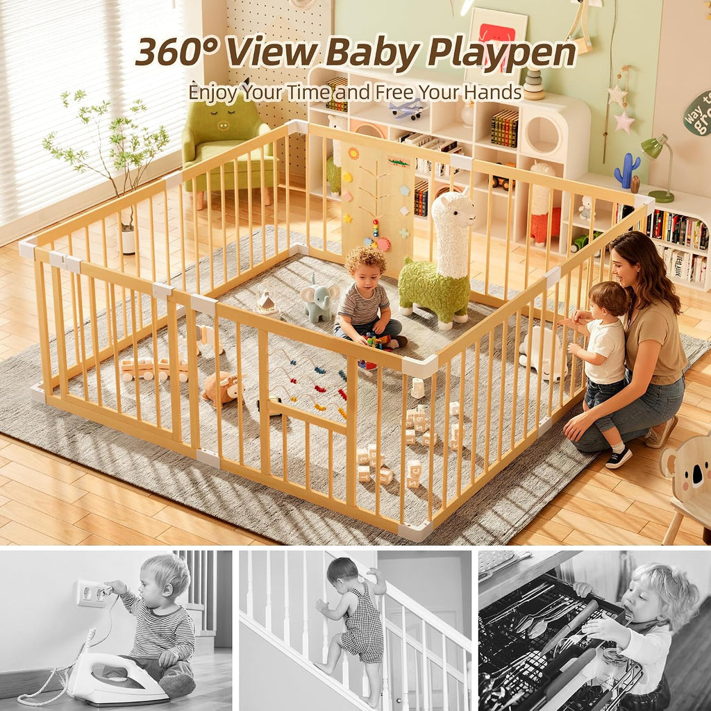Wooden Baby Playpen with Locking Gate, Extra Large Playpen for Babies and Toddlers, Size Adjustable Activity Center