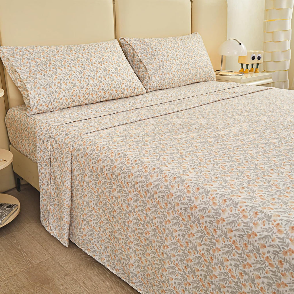 Floral Sheet Set - 4 Piece Vintage Light Orange Flower Patterned Bed Sheets - Soft, Breathable Microfiber