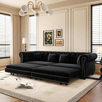 89" Velvet Pull-Out Chesterfield King Sleeper Sofa Bed with Ottoman, Black