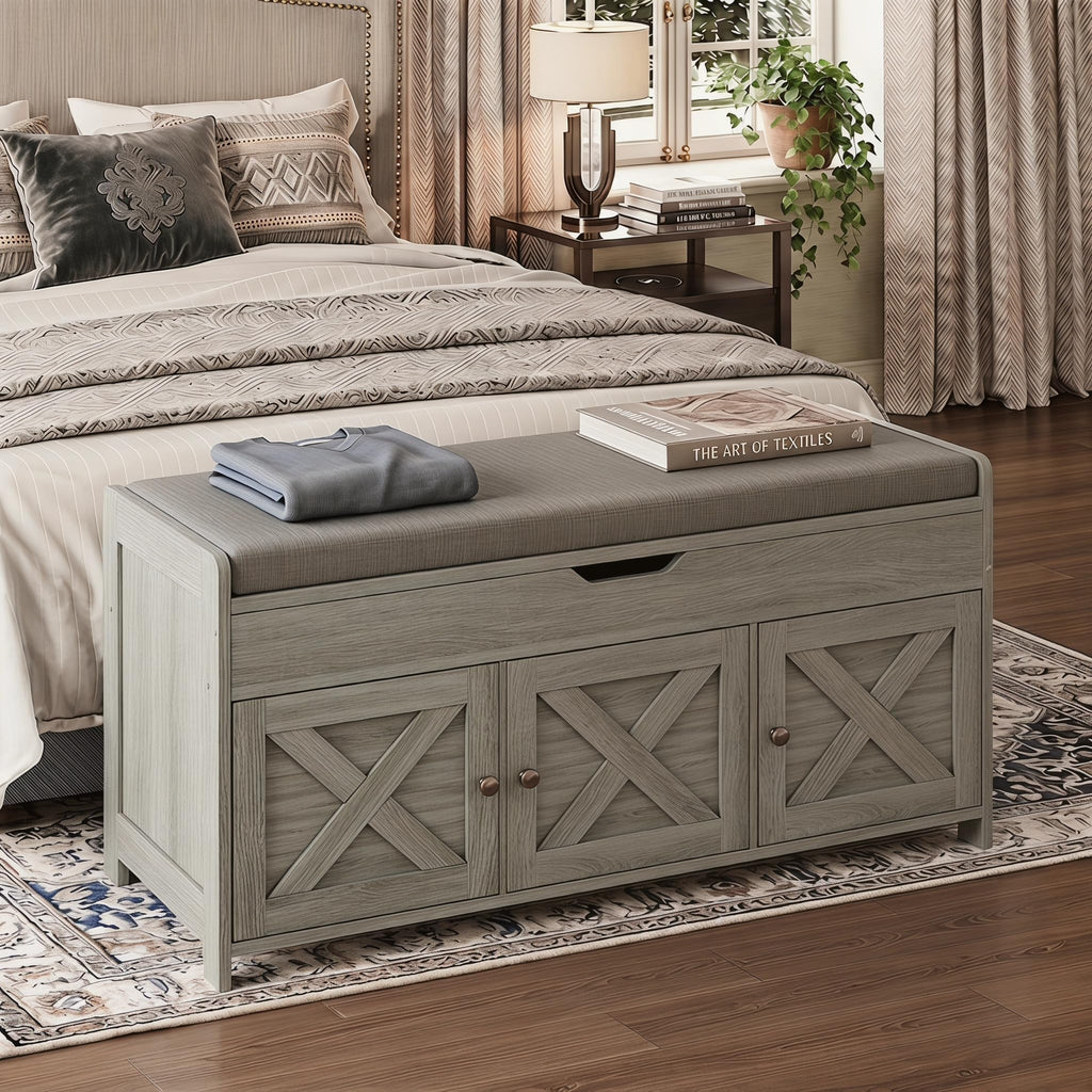 Shoe Storage Bench with Seating, Farmhouse Entryway Bench, Grey