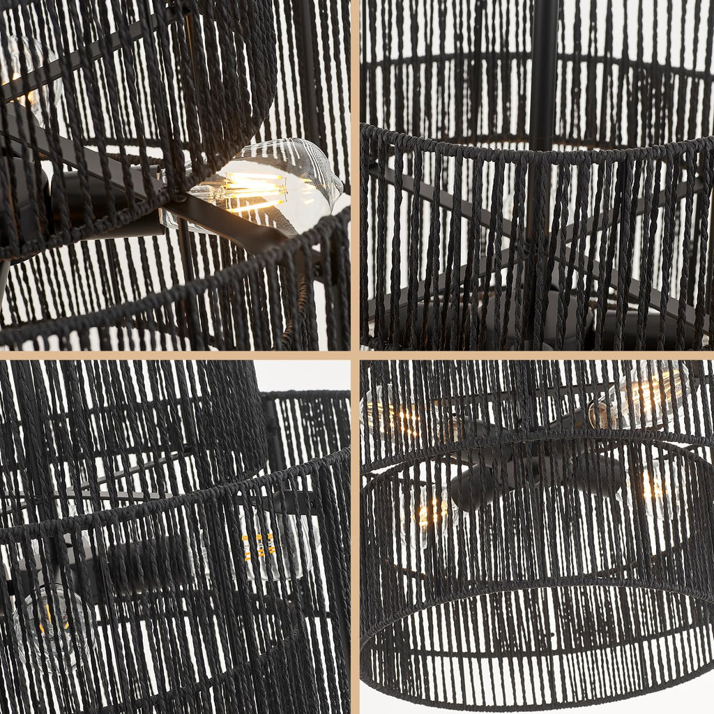 24" Boho Hand Woven Rattan Chandelier 3 Round Adjustable 4-Light Large Pendant Light Island Dining Room Living Room