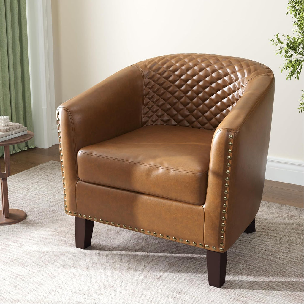 Faux Leather Barrel Accent Chair with Nailhead, Light Browm - Set of 2