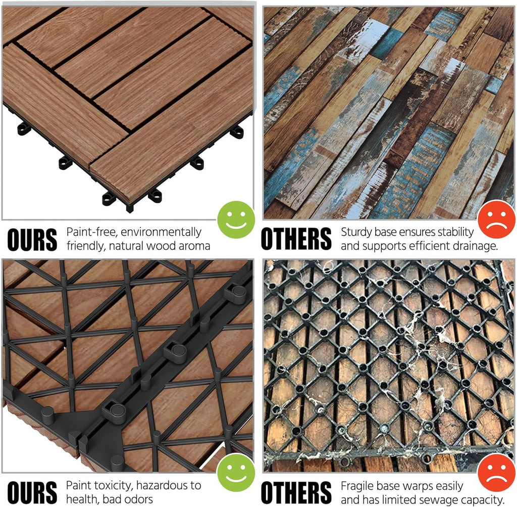 27PCS Wooden Flooring Patio Deck Tiles Interlocking Tiles Patio Solid Wood and Plastic Indoor&Outdoor 12 x 12in Brown