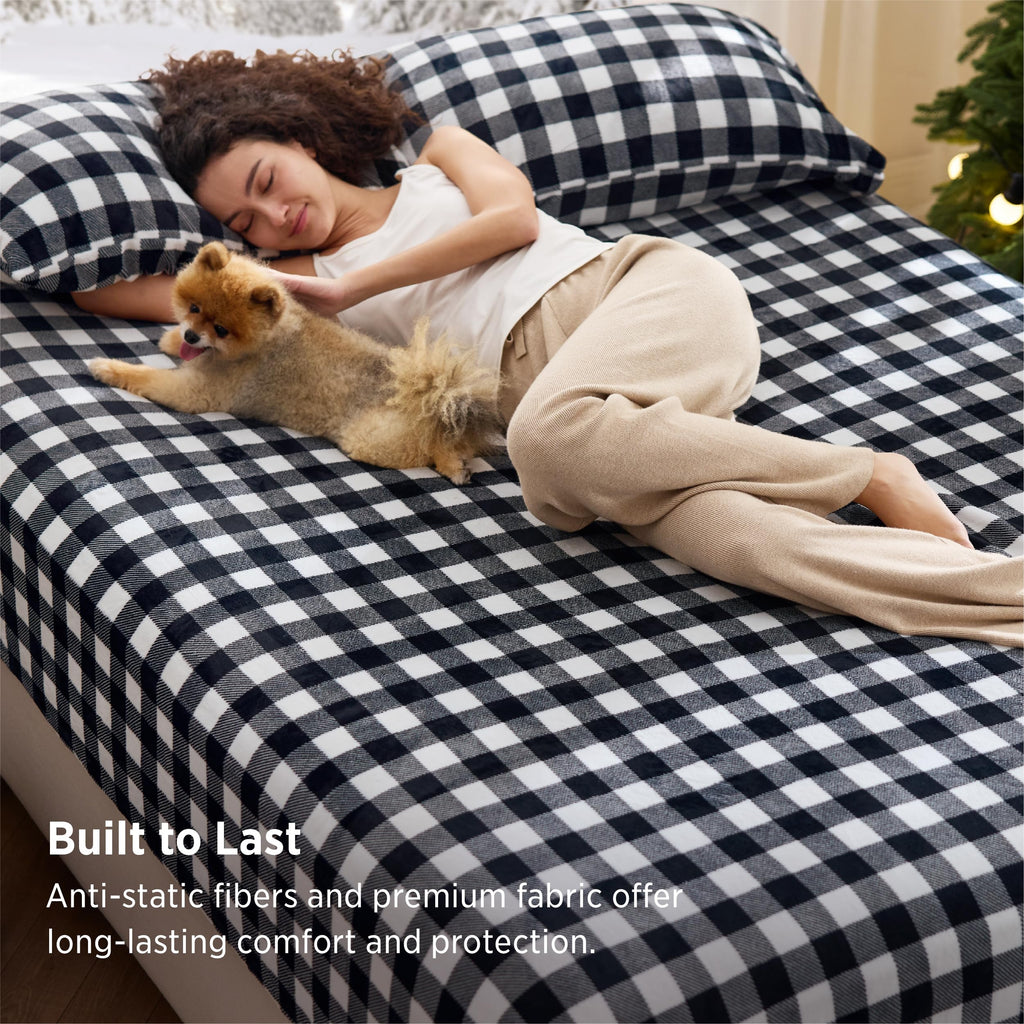 Plaid Fleece Sheets, 4PC Anti-Static & Warm Bed Sheets