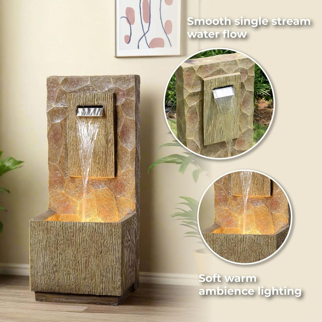 Spa Waterfall Outdoor Water Fountain - LED Light with Adjustable Flow & Electric Pump, Brown