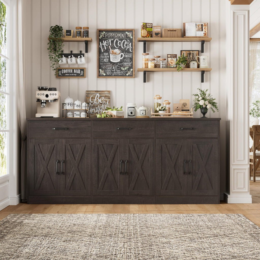 71"W Farmhouse Kitchen Sideboard Buffet Cabinet with Storage, Brown