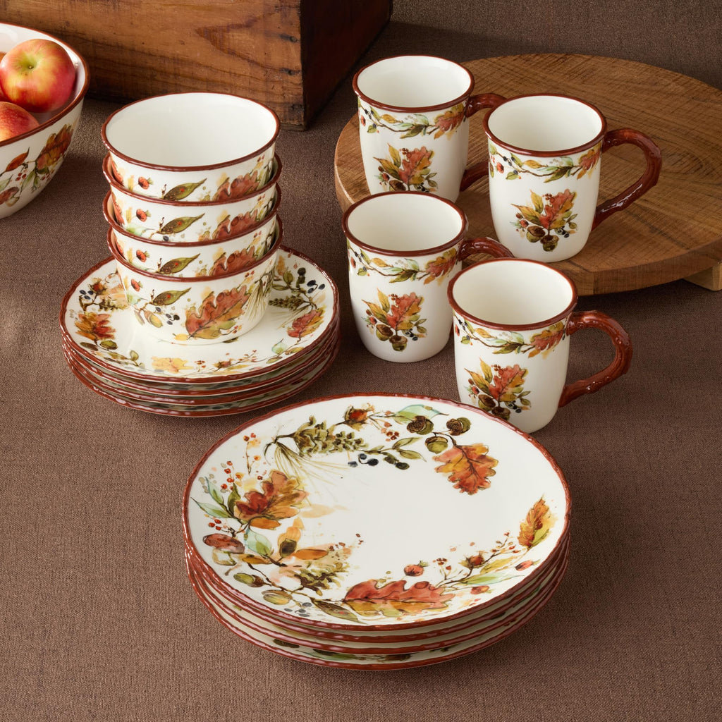 Autumn Meadows 16-Piece DINNERWARE SET, SERVICE for 4 - Complete harvest table artistry for four, uniting