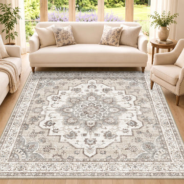 Washable Square 6x6 Area Rug - Medallion Vintage Low Pile Non-Slip Carpets for Reading Corner, Bedroom, Home Office