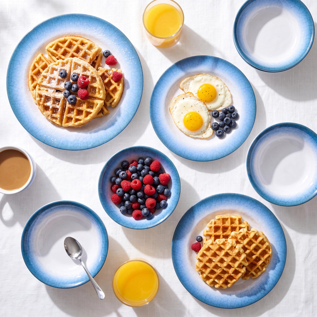 12pcs Melamine Dinnerware Set, Blue Crackle Plates and Bowls Set