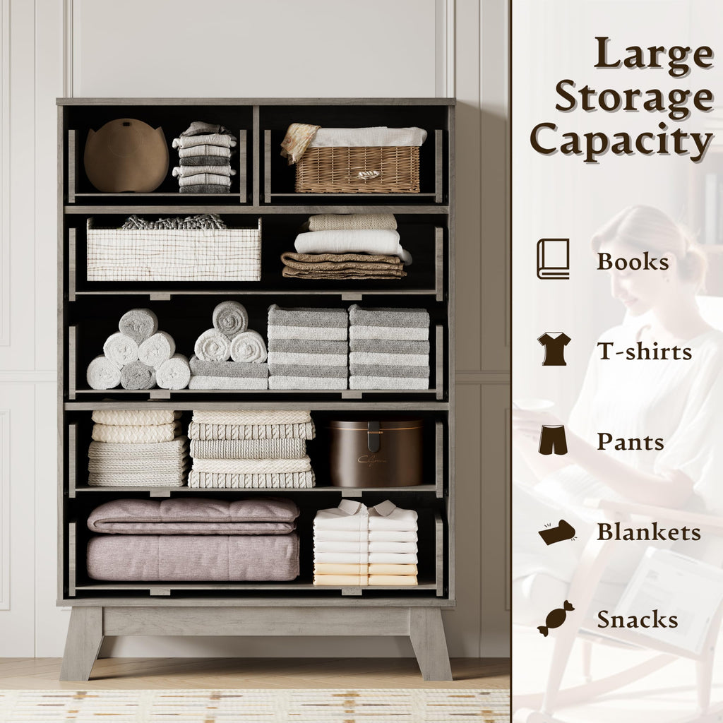 46" Tall, 6-Drawer Fluted Chest of Drawers, Modern Wood Highboy with Deep Storage, Metal Slides and Handles