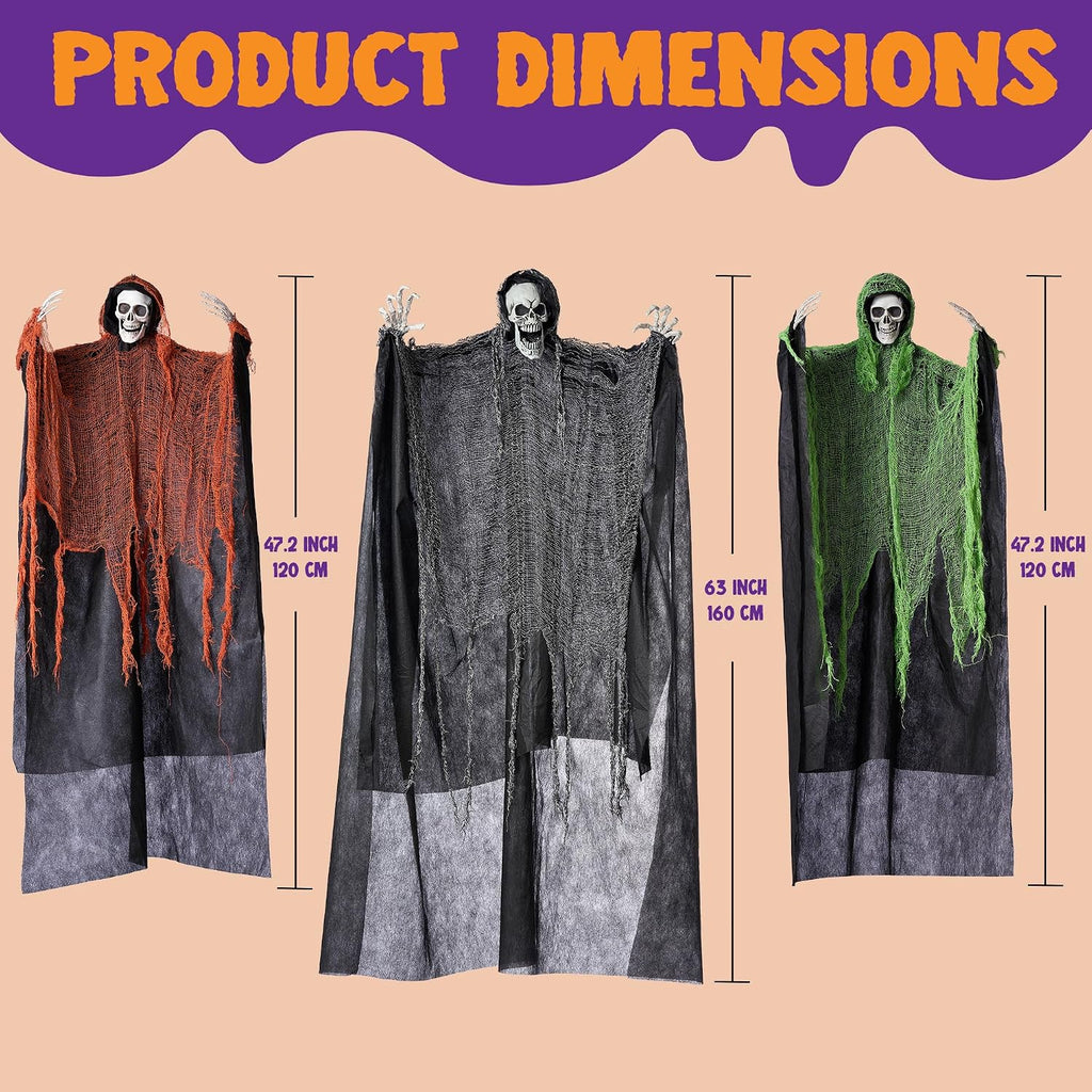 Halloween Hanging Grim Reapers, one 63" Two 47" Grim Reapers, Halloween Skeleton Outdoor Decoration Flying - Set of 3