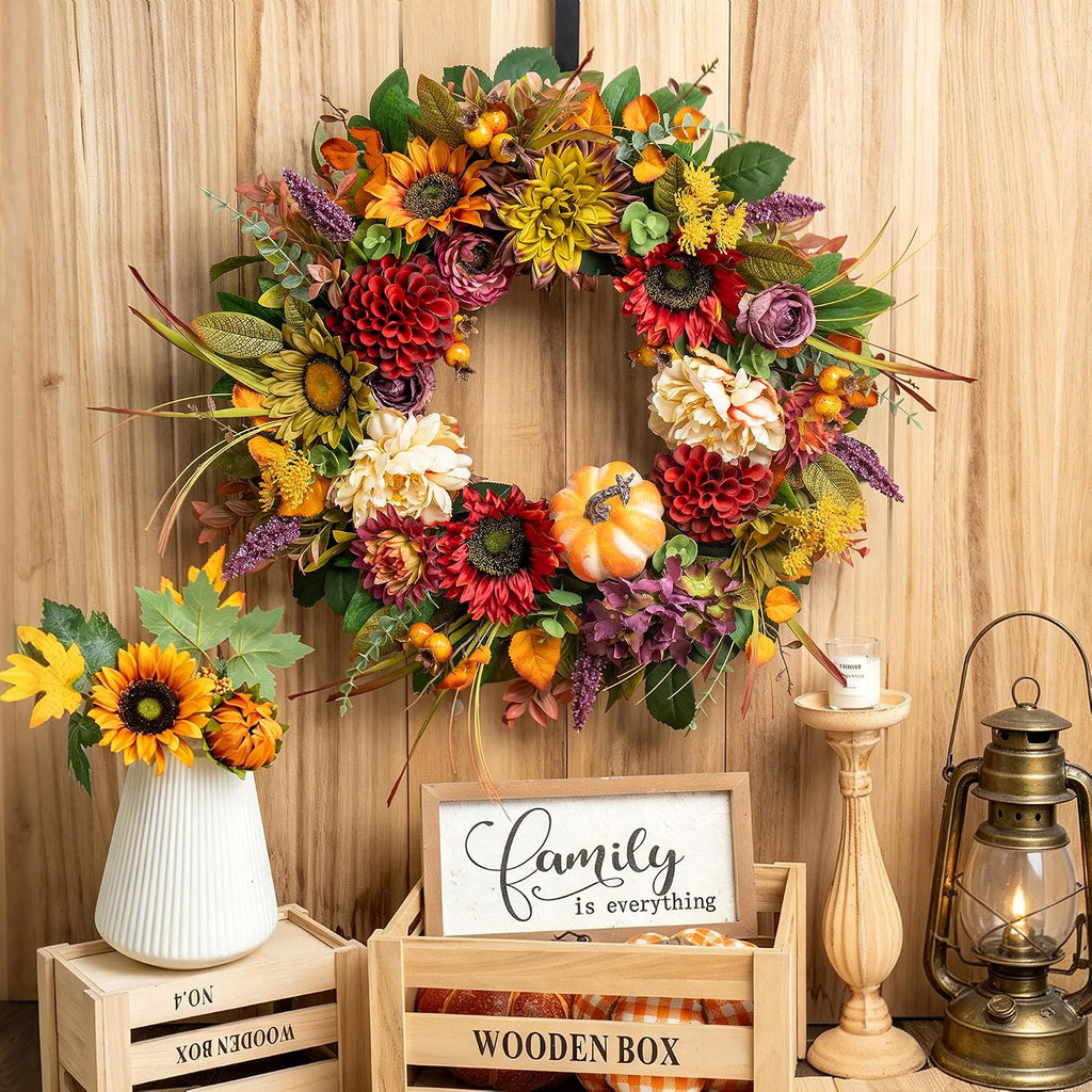 24 Inch Fall Wreaths for Front Door, Autumn Farmhouse Harvest Wreath