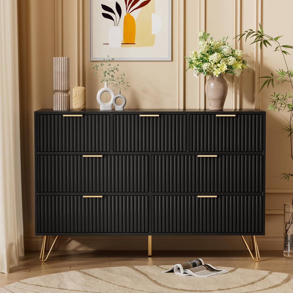 Black 7 Drawer Fluted Dresser with Gold Handles