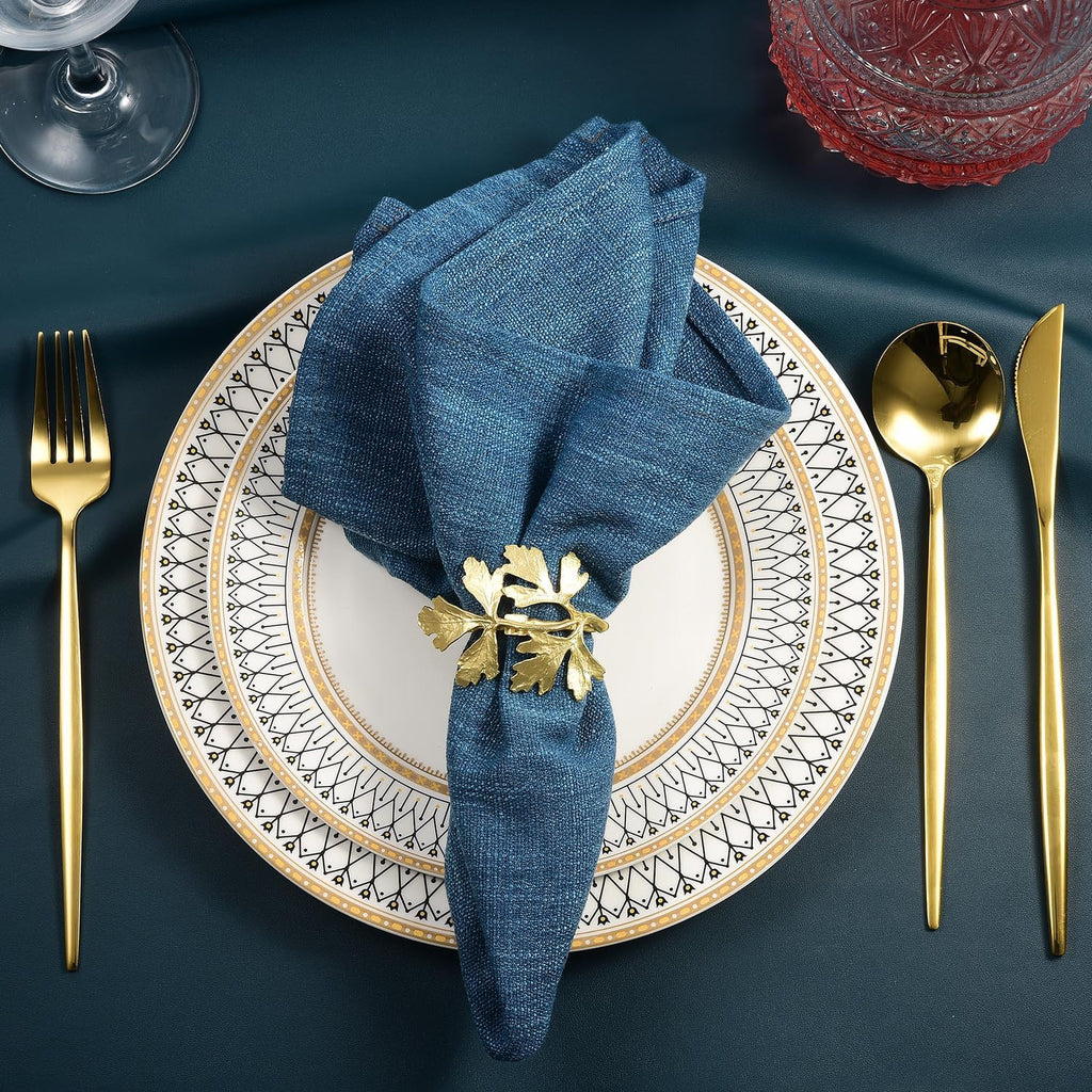 Matte Gold Napkin Rings Herb Leaf Botanical - Set of 8