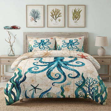 Comforter Set, 3 Pieces Ocean Beach Bedding, All Season