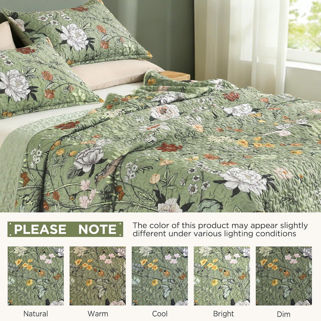 Floral Green Quilt California King - 3 Pieces Cal King Sage Botanical Birds Pattern Quilt Bedding, Spring Lightweight