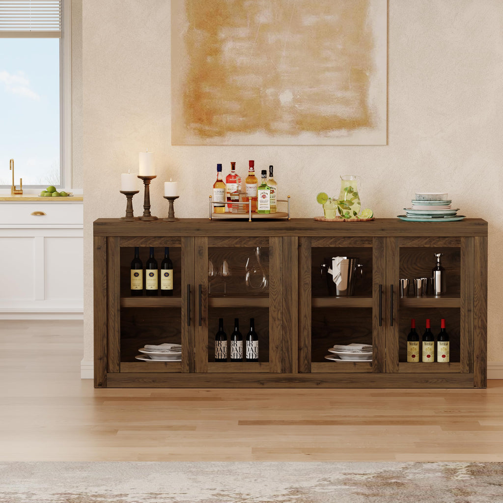 65.35" Sideboard Buffet Cabinet with 4 Glass Doors, Walnut