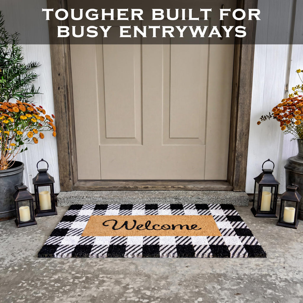 Black and White Checked Porch Rug 30x17 Inch, Buffalo Plaid Welcome Mat