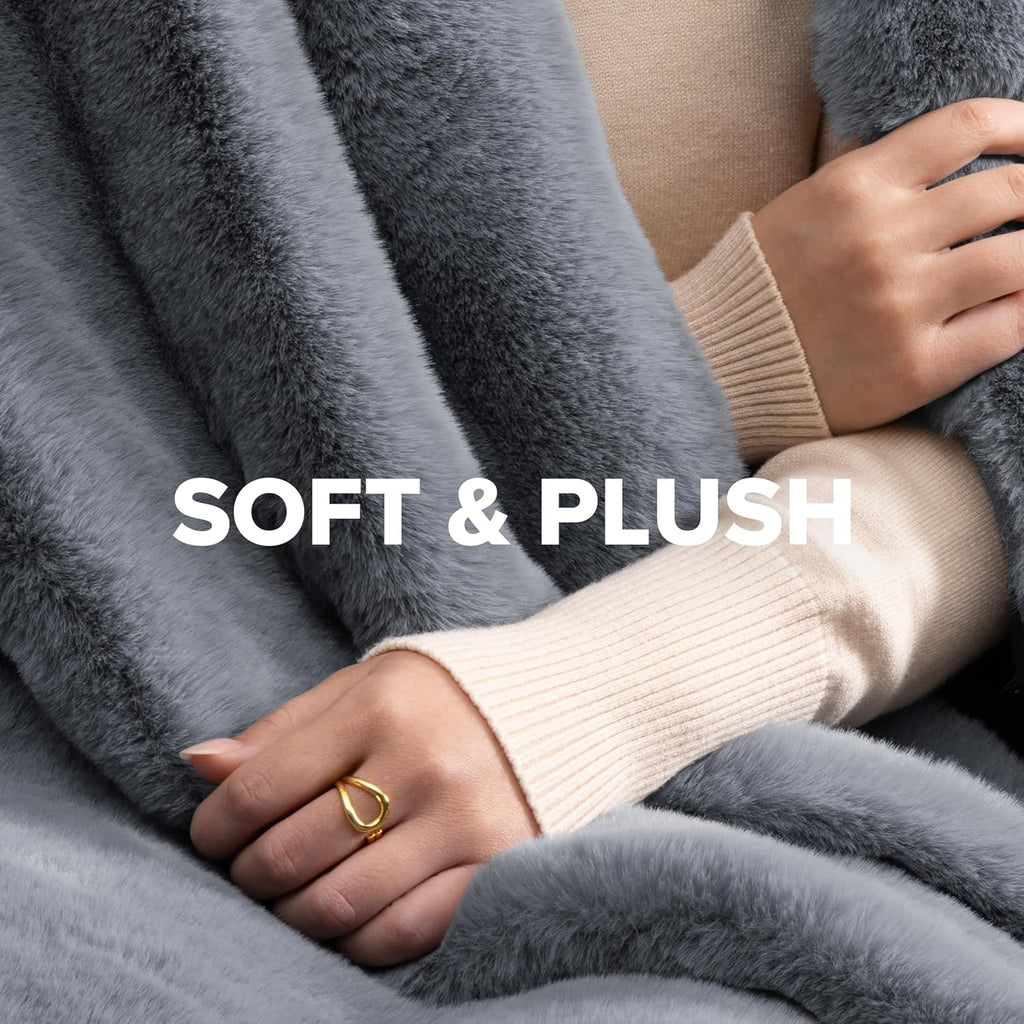 Euphoria Faux Fur Throw Blanket, Oversized Soft Throw, Luxury Room Decor, Giftable Fuzzy Blankets, Machine Washable