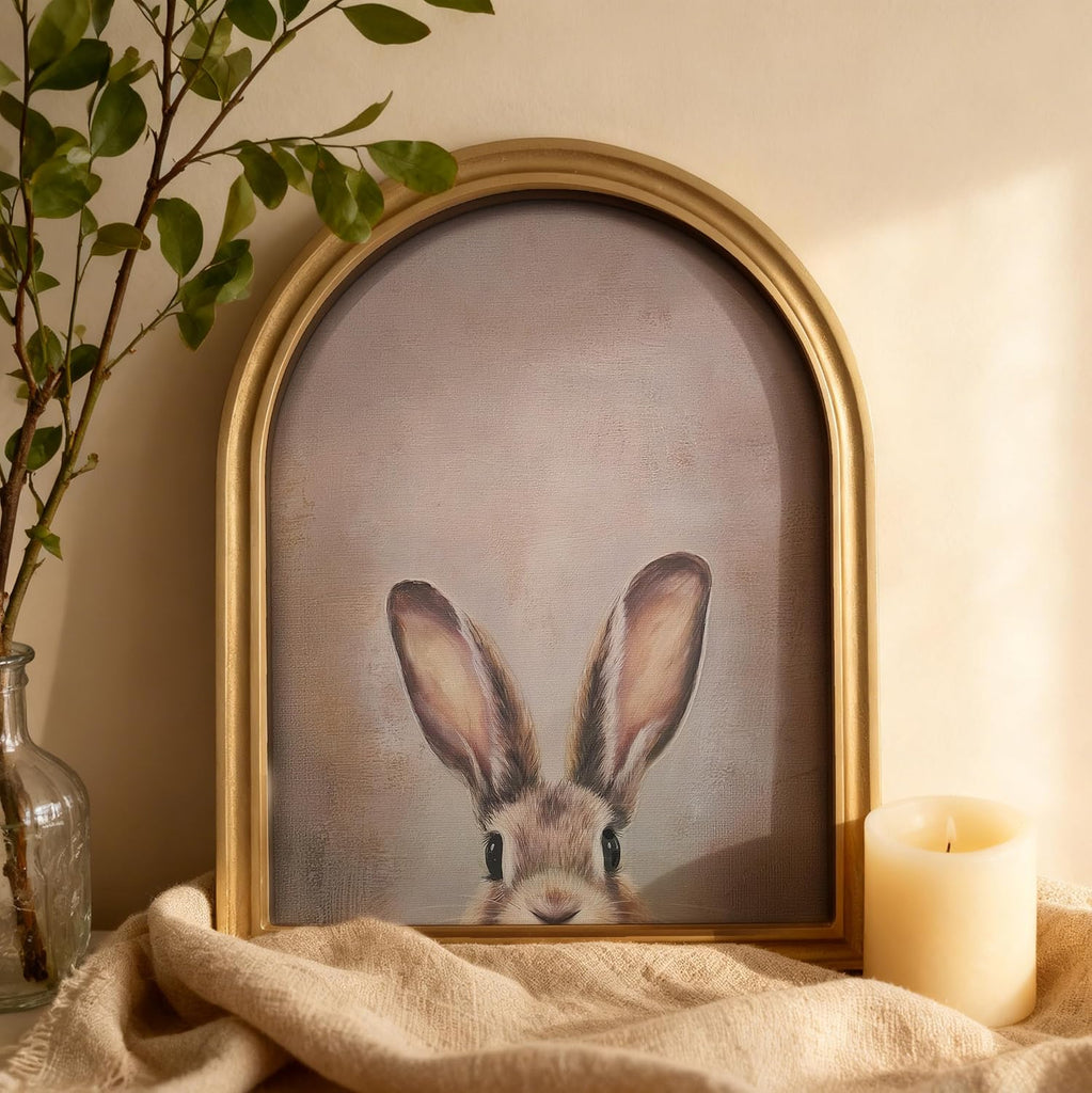 Gold Vintage Easter Bunny Framed Wall Art - Arched Wood Frame Rabbit Canvas Picture Aesthetic Wall Decor, Farmhouse