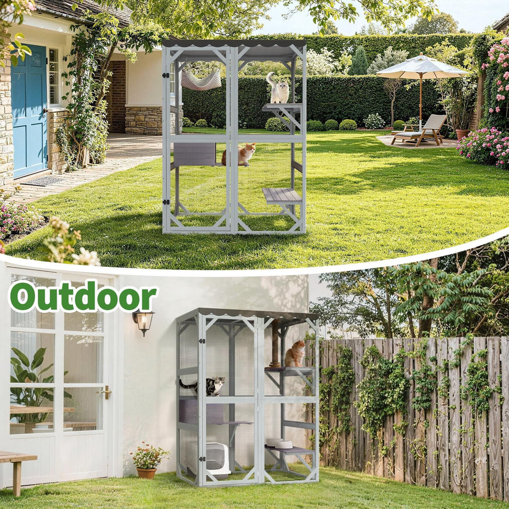 Large Catio Outdoor Cat Enclosure with Weatherproof Roof, 69.3" Walk-in Cat House for Multiple Cats, 3-Tier Wooden
